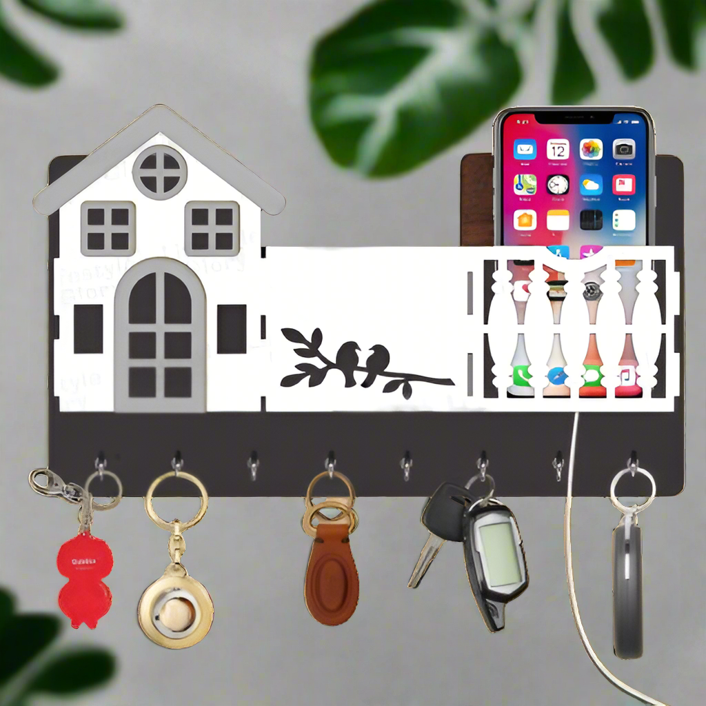 Mobile & key 3D Home Design With Sparrow Engraving Wooden Key Holder